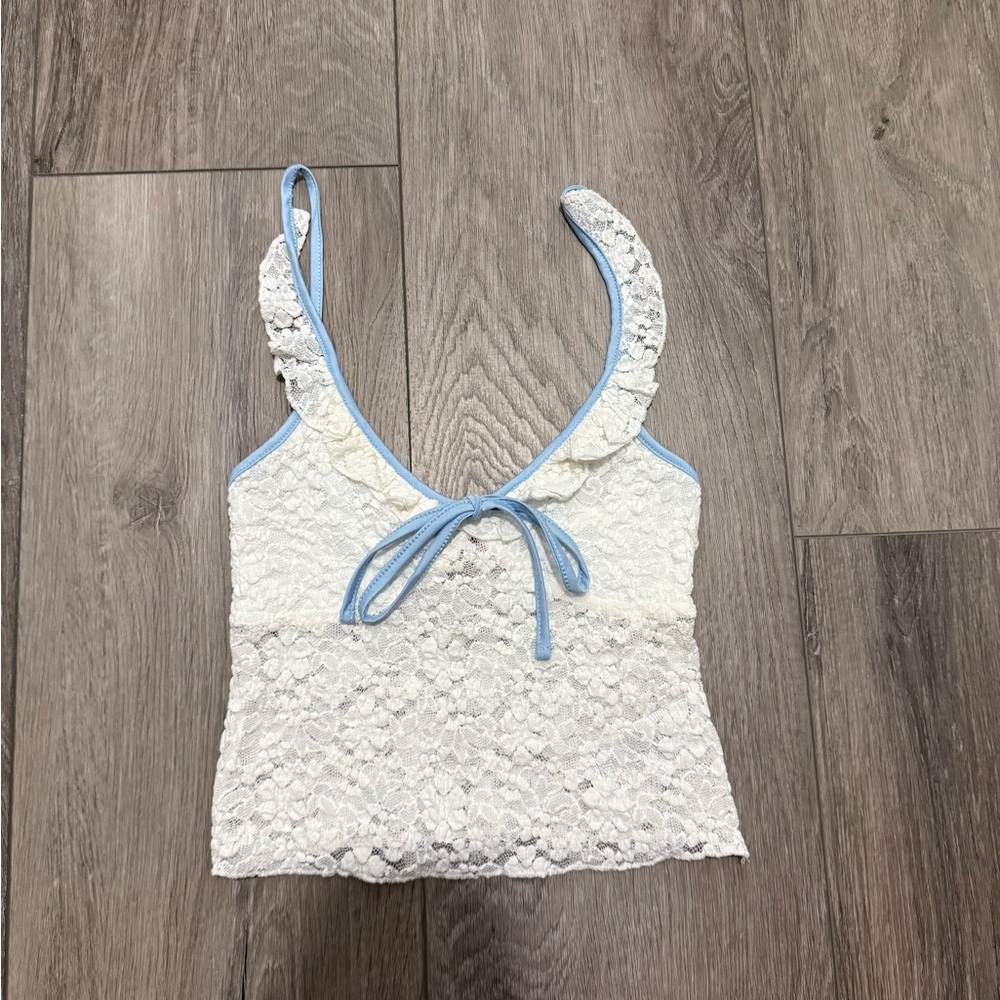 Edikted White Lace Tank Top with Blue Trim